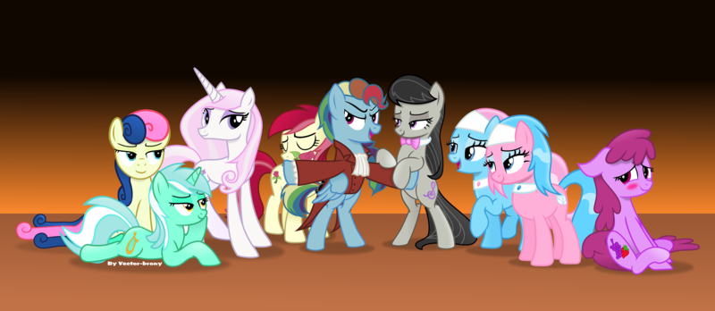 Size: 6956x3024 | Tagged: safe, artist:vector-brony, derpibooru import, aloe, berry punch, berryshine, bon bon, fleur-de-lis, lotus blossom, lyra heartstrings, octavia melody, rainbow dash, roseluck, sweetie drops, earth pony, pegasus, pony, unicorn, absurd resolution, bedroom eyes, bowtie, clothes, crossover, edmond dantes, hell to your doorstep, open mouth, rainbow dash gets all the mares, signature, spa twins, the count of monte cristo