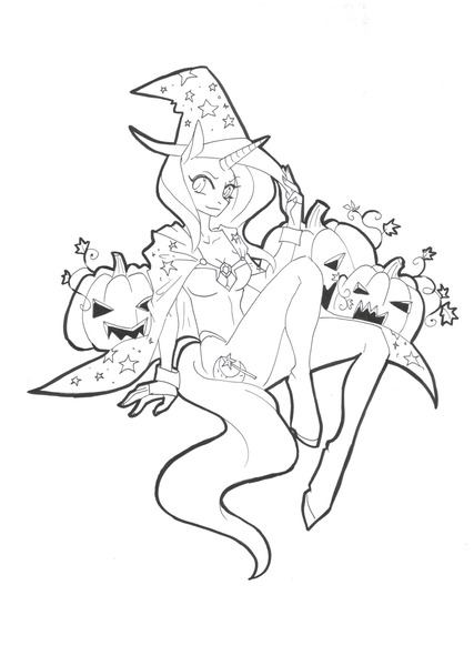 Size: 1280x1799 | Tagged: safe, artist:cloud-up, derpibooru import, trixie, anthro, unguligrade anthro, halloween, jack-o-lantern, monochrome, nightmare night, wip