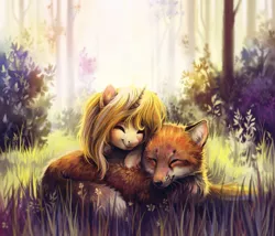 Size: 1800x1542 | Tagged: artist:dearmary, cuddling, cute, derpibooru import, eyes closed, fox, oc, ocbetes, oc:kindly fox, safe, smiling, snuggling, unofficial characters only