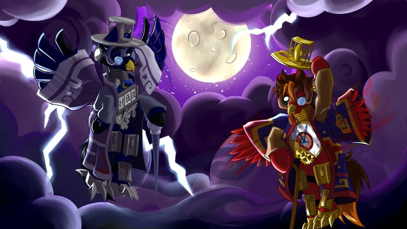 Size: 1191x670 | Tagged: safe, artist:h-stallionwolf, derpibooru import, oc, oc:arctic midnight, oc:marker pace, unofficial characters only, pony, clothes, costume, cute, duo, lechku, male, moon, nechku, nightmare night, nightmare night costume, okami, stallion, storm