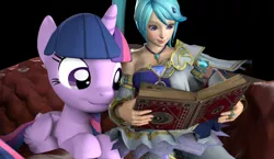 Size: 1024x593 | Tagged: safe, artist:pika-robo, derpibooru import, twilight sparkle, twilight sparkle (alicorn), alicorn, pony, 3d, book, couch, crossover, cute, female, hyrule warriors, lana, mare, prone, reading, sitting, smiling, source filmmaker, the legend of zelda