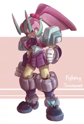 Size: 850x1248 | Tagged: safe, artist:thegreatrouge, derpibooru import, sour sweet, equestria girls, friendship games, armor, bowtie, capcom, clothes, crossover, crystal prep academy, crystal prep shadowbolts, fighting fefnir, fist, freckles, megaman, megaman zero, pleated skirt, skirt, solo