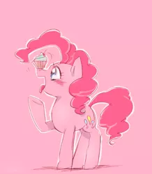 Size: 614x704 | Tagged: safe, artist:chi-hayu, derpibooru import, pinkie pie, earth pony, pony, blushing, cupcake, cute, diapinkes, female, food, mare, open mouth, pink background, profile, simple background, solo, tongue out, treat on nose