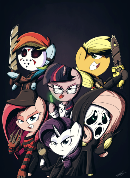 Size: 1600x2200 | Tagged: 2015, applejack, artist:therandomjoyrider, chainsaw, claws, clothes, crossover, derpibooru import, fluttershy, freddy krueger, ghostface, group, halloween, hat, herbert west, jason voorhees, knife, leatherface, looking at you, mane six, nightmare on elm street, open mouth, phantasm, pinkamena diane pie, pinkie pie, rainbow dash, rarity, re-animator, safe, screaming, signature, tall man, theme, the texas chainsaw massacre, twilight sparkle, walkie talkie, weapon