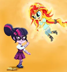 Size: 2458x2648 | Tagged: safe, artist:kittyprints91, derpibooru import, sci-twi, sunset shimmer, twilight sparkle, equestria girls, friendship games, book, boots, chibi, clothes, crystal prep academy, crystal prep academy uniform, crystal prep shadowbolts, cute, daaaaaaaaaaaw, duo, glasses, hnnng, levitation, magic, mini, open mouth, pleated skirt, ponied up, school uniform, shimmerbetes, skirt, socks, twiabetes