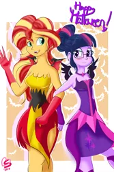 Size: 800x1200 | Tagged: safe, artist:burnt-sprinkles, derpibooru import, sci-twi, sunset shimmer, twilight sparkle, equestria girls, friendship games, 2015, blushing, breasts, busty sunset shimmer, cleavage, clothes, costume, cute, dress, duo, duo female, fangs, female, fingerless gloves, glasses, gloves, halloween, happy halloween, implied lesbian, implied scitwishimmer, implied shipping, implied sunsetsparkle, midnight sparkle, midnightsatan, necklace, open mouth, shimmerbetes, signature, sunset satan, theme, twiabetes, waving