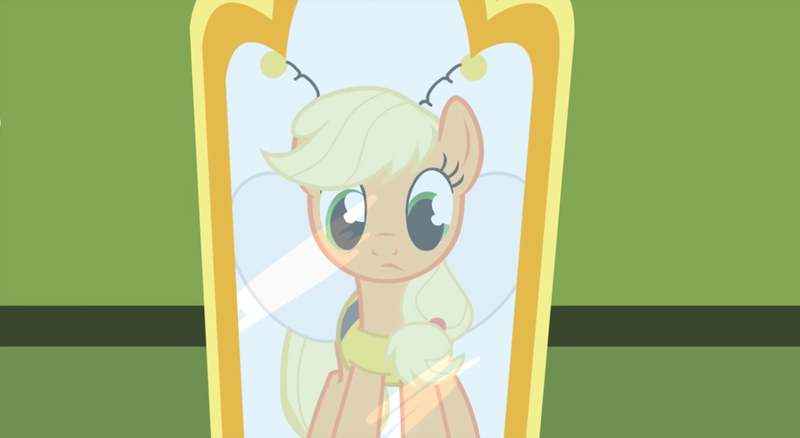 Size: 1280x700 | Tagged: applejack, artist:slush pony productions, bee, clothes, costume, derpibooru import, halloween, hatless, mirror, missing accessory, safe, youtube link