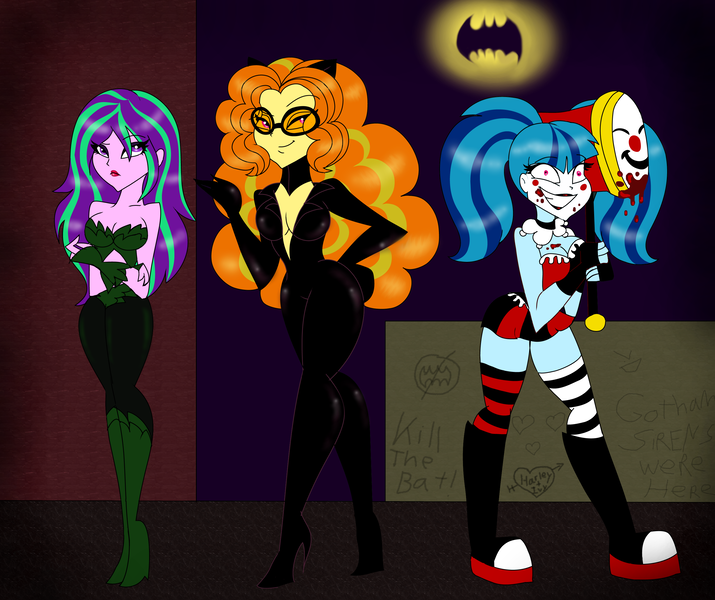 Size: 2792x2344 | Tagged: semi-grimdark, suggestive, artist:purfectprincessgirl, derpibooru import, adagio dazzle, aria blaze, sonata dusk, equestria girls, alternate hairstyle, arisona, bare shoulders, bat signal, batman, blood, boots, breasts, busty adagio dazzle, busty aria blaze, busty sonata dusk, cat ears, catwoman, choker, cleavage, clothes, cosplay, costume, crossed arms, dc comics, female, gotham, graffiti, hammer, harley quinn, implied sunsagio, lesbian, poison ivy, pose, psycho, rooftop, shipping, short skirt, skintight clothes, skirt, sleeveless, smiling, socks, strapless, striped socks, the dazzlings, tights