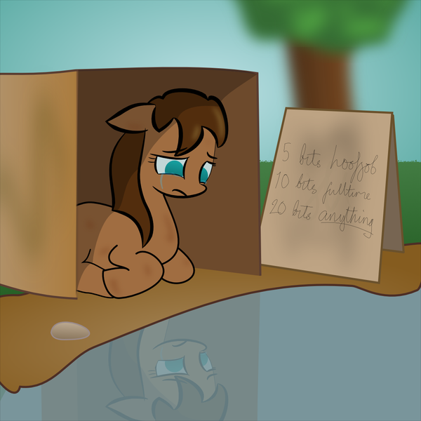 Size: 1111x1111 | Tagged: artist needed, suggestive, derpibooru import, oc, oc:morning glory, oc:rentalove, unofficial characters only, pony, box, crying, female, homeless, implied sex, mare, prostitute, prostitution, sad, tree
