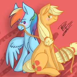 Size: 1440x1440 | Tagged: suggestive, artist:thundershock0823, derpibooru import, applejack, rainbow dash, appledash, blushing, embarrassed, female, lesbian, rope, shipping