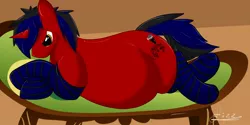 Size: 1280x640 | Tagged: safe, artist:fizzpoppony, derpibooru import, oc, oc:candid serenade, unofficial characters only, pony, unicorn, belly, clothes, couch, draw me like one of your french girls, fat, socks, solo, striped socks