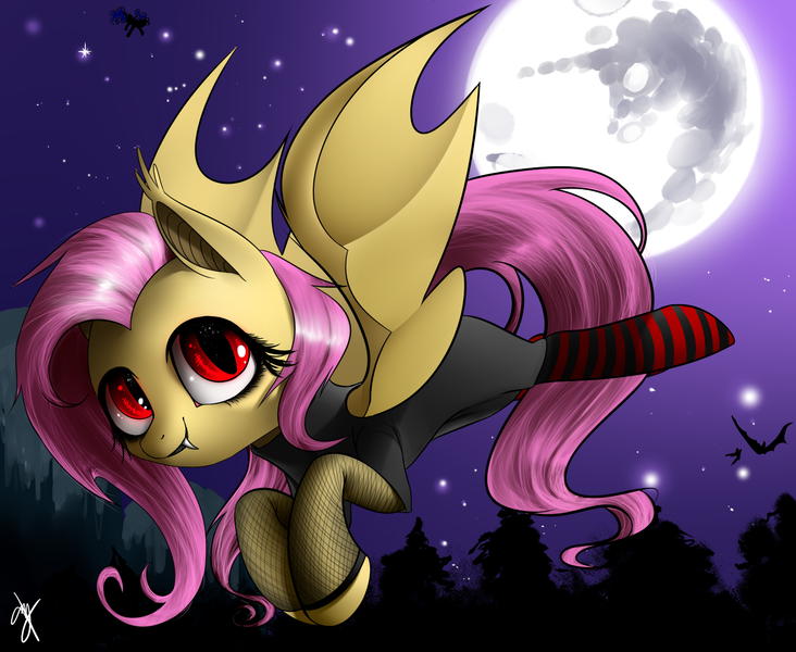 Size: 1424x1168 | Tagged: safe, artist:supermare, derpibooru import, fluttershy, bat pony, pony, clothes, crossover, fangs, fishnets, flutterbat, hotel transylvania, mare in the moon, mavis, moon, red eyes, socks, solo, striped socks