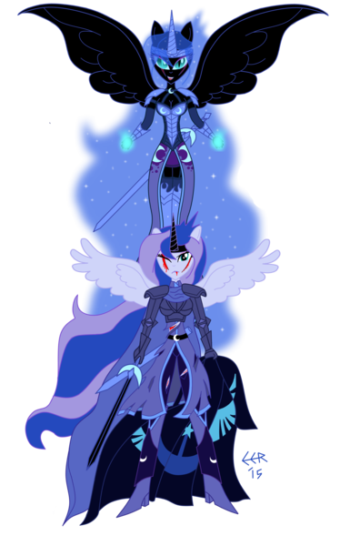 Size: 3550x5700 | Tagged: semi-grimdark, artist:e-e-r, derpibooru import, nightmare moon, princess luna, equestria girls, absurd resolution, armor, blood, clothes, duality, equestria girls-ified, flag, injured, new lunar republic, scar, simple background, sword, torn clothes, transparent background, vector, warrior luna, weapon