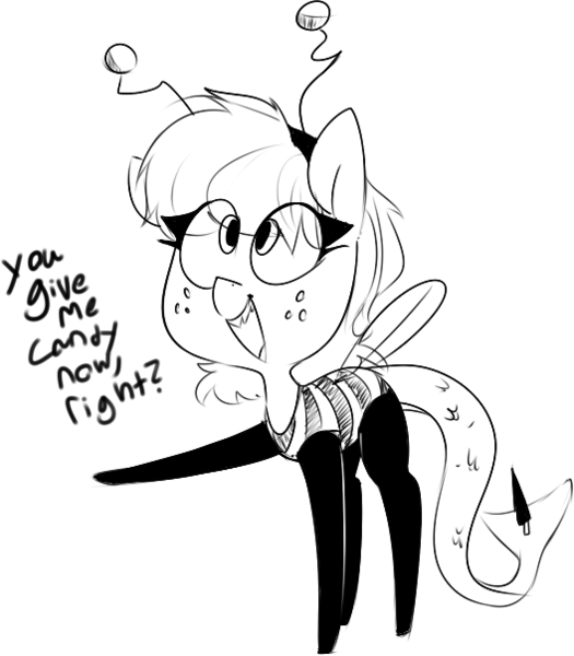 Size: 528x603 | Tagged: antennae, artist:whydomenhavenipples, bee, clothes, costume, derpibooru import, halloween, halloween costume, holiday, monochrome, nightmare night, oc, oc:flo, raised leg, safe, solo, unofficial characters only