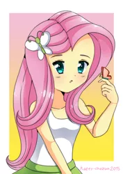 Size: 2480x3508 | Tagged: safe, artist:kateychazuu, derpibooru import, fluttershy, butterfly, equestria girls, 2015, clothes, signature, skirt, solo, tanktop