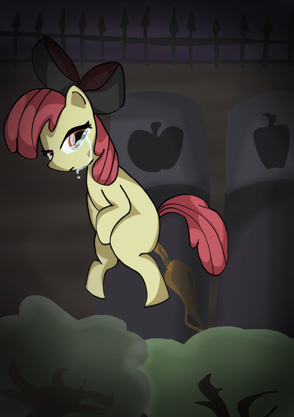 Size: 1273x1800 | Tagged: suggestive, artist:jonathan the awesome, derpibooru import, apple bloom, earth pony, pony, applejack's parents, bipedal, cemetery, crying, excrement statement, grave, gravestone, implied death, pissing, solo, urine