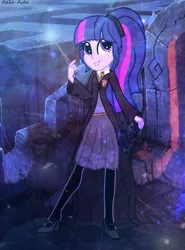 Size: 1329x1797 | Tagged: safe, artist:asika-aida, derpibooru import, twilight sparkle, equestria girls, clothes, crossover, gryffindor, harry potter, high heels, magic wand, mary janes, pantyhose, pleated skirt, ponytail, shoes, skirt, solo