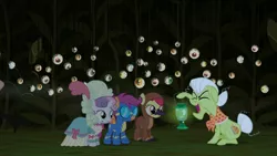 Size: 1920x1080 | Tagged: safe, derpibooru import, screencap, apple bloom, granny smith, scootaloo, sweetie belle, earth pony, pegasus, pony, unicorn, scare master, clothes, costume, cutie mark crusaders, eye, eyeball, eyes closed, female, filly, firefly lamp, foal, hoof hold, lantern, mare, nightmare night costume, open mouth, wonderbolts uniform