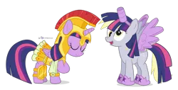 Size: 1060x540 | Tagged: safe, artist:dm29, derpibooru import, derpy hooves, twilight sparkle, twilight sparkle (alicorn), alicorn, pegasus, pony, scare master, alicorn costume, athena sparkle, clothes, costume, cute, duo, fake horn, fake wings, female, mare, nightmare night, nightmare night costume, simple background, skirt, succession, successor, toilet paper roll, toilet paper roll horn, transparent background, twilight muffins, twilight sparkle costume, wig