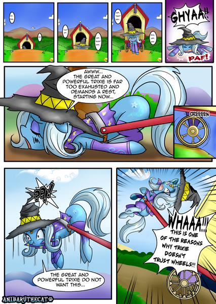 Size: 1860x2622 | Tagged: safe, artist:anibaruthecat, derpibooru import, trixie, pony, unicorn, comic:boast lovers, clothes, comic, face down ass up, faceplant, female, horn ring, mare, ponyville, scrunchy face, solo, stockings, tired, trixie's wagon, wheel, wheels trixie