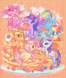 Size: 800x938 | Tagged: safe, artist:notatoron, derpibooru import, applejack, fluttershy, pinkie pie, rainbow dash, rarity, twilight sparkle, twilight sparkle (alicorn), alicorn, pony, blueberry, cute, female, mane six, mare, pancakes, pixiv, ponies in food, strawberry, whipped cream