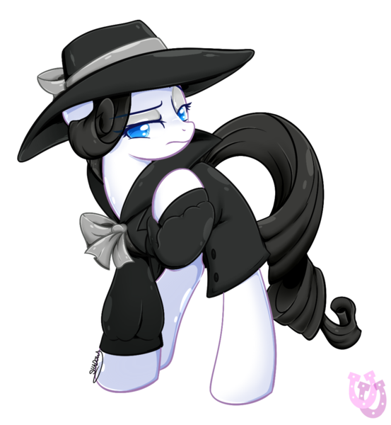 Size: 1087x1180 | Tagged: artist:shadowhulk, clothes, derpibooru import, monochrome, neo noir, noir, partial color, rarity, rarity investigates, safe, solo, trenchcoat