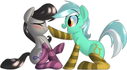 Size: 2514x1387 | Tagged: safe, artist:january3rd, derpibooru import, lyra heartstrings, octavia melody, earth pony, pony, unicorn, best friends, blushing, boop, clothes, cute, eyes closed, female, lesbian, mare, octyra, open mouth, shipping, simple background, sitting, smiling, socks, striped socks, transparent background