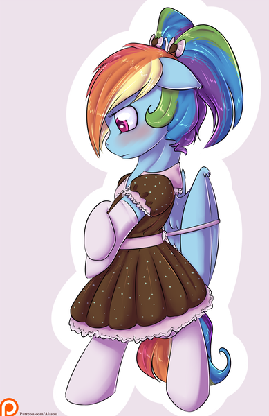 Size: 1200x1850 | Tagged: safe, artist:alasou, deleted from derpibooru, derpibooru import, rainbow dash, pegasus, pony, semi-anthro, bipedal, blushing, clothes, dare, dress, female, maid, mare, patreon, patreon logo, ponytails, rainbow dash always dresses in style, simple background, socks, solo, tied, tsunderainbow, tsundere