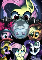 Size: 1125x1620 | Tagged: safe, artist:esuka, derpibooru import, applejack, fluttershy, pinkie pie, rainbow dash, rarity, twilight sparkle, twilight sparkle (alicorn), alicorn, bat pony, big cat, lion, mermaid, pony, scare master, 2015, alternate hairstyle, applelion, astrodash, astronaut, athena sparkle, clothes, costume, female, flutterbat, halloween, happy halloween, happy nightmare night, helmet, mane six, mare, mermarity, nightmare night, nightmare night costume, pinkie puffs, red eyes, signature, theme