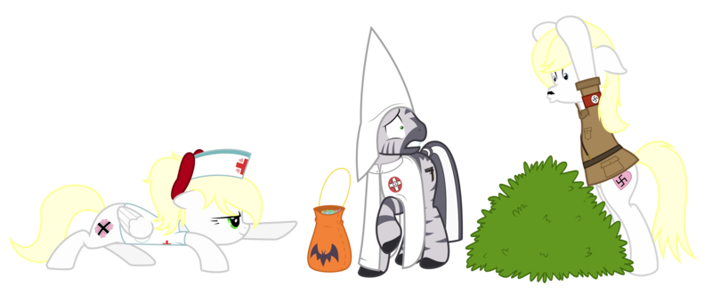 Size: 4839x2000 | Tagged: safe, artist:pt300, artist:vectorfag, derpibooru import, oc, oc:adolf hoofler, oc:aryanne, oc:kyrie, unofficial characters only, earth pony, pegasus, pony, zebra, absurd resolution, aryan, aryan pony, balkenkreuz, beard, blonde, candy, clothes, collaboration, costume, halloween, heart, ku klux klan, nazi, nazipone, nightmare night, nurse, racism, simple background, spooky, swastika, transparent background, trick or treat, vector