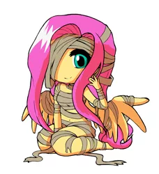 Size: 1024x1123 | Tagged: ambiguous facial structure, artist:khuzang, artist:reikosketch, bandage, belly button, clothes, collaboration, costume, cute, derpibooru import, fluttershy, halloween, holiday, midriff, mummy, no nose, safe, shyabetes, simple background, smiling, solo, white background