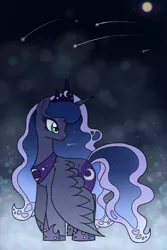 Size: 640x960 | Tagged: alternate costumes, alternate design, artist:unoriginai, cute, derpibooru import, ethereal mane, fusion, future, looking back, night, nightmare luna, older, princess luna, s1 luna, safe, shooting star, shooting stars, smiling, solo, space, spread wings, stars, ultimate luna