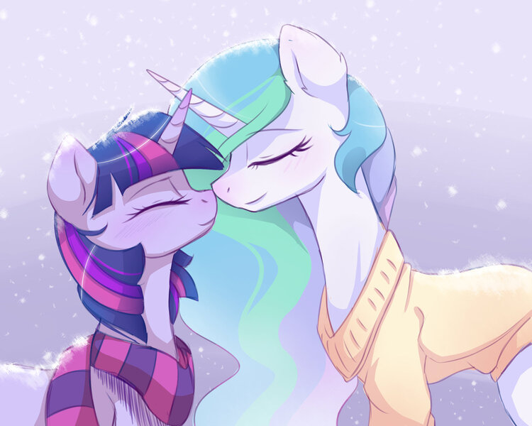 Size: 1600x1280 | Tagged: safe, artist:magnaluna, derpibooru import, princess celestia, twilight sparkle, pony, unicorn, affection, boop, clothes, eyes closed, female, lesbian, mare, noseboop, scarf, shipping, smiling, snow, snowfall, sweater, twilestia, winter