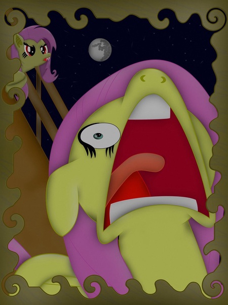 Size: 1024x1364 | Tagged: safe, artist:bakanato, derpibooru import, fluttershy, bat pony, pony, scare master, faic, flutterbat, flutterscream, nose in the air, screaming, the scream