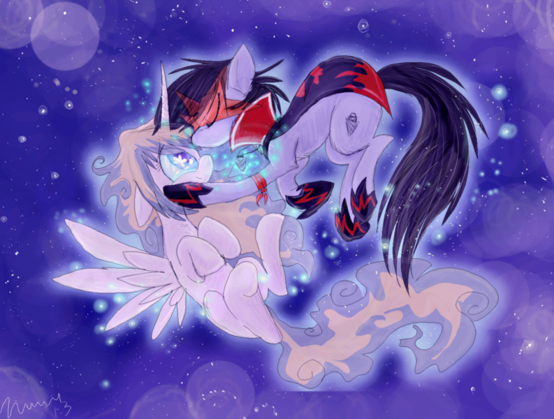 Size: 800x605 | Tagged: safe, artist:namiwami, derpibooru import, ponified, alicorn, earth pony, pony, cape, clothes, core drill, crying, cutie mark, galaxy, happy, kissing, nia teppelin, simon, simon glasses, smiling, space, tengen toppa gurren lagann