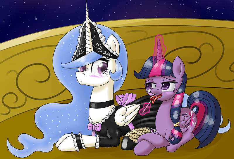 Size: 1000x683 | Tagged: suggestive, artist:deusexequus, derpibooru import, princess celestia, twilight sparkle, twilight sparkle (alicorn), alicorn, pony, candy, clothes, costume, female, lesbian, lollipop, magic, maid, mare, telekinesis, tongue out