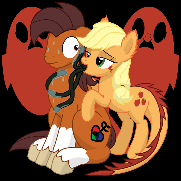 Size: 10800x10800 | Tagged: suggestive, artist:prinnyaniki, derpibooru import, applejack, oc, oc:niku, monster pony, original species, tatzlpony, absurd resolution, canon x oc, female, female on male, femdom, imminent vore, licking, male, malesub, nikack, shipping, species swap, straight, submissive, tatzljack, tentacle tongue, tentacles, terrified, this might end in death, this might end in vore, tongue out