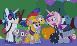 Size: 1200x720 | Tagged: safe, artist:dm29, derpibooru import, flash sentry, princess cadance, shining armor, spike, twilight sparkle, twilight sparkle (alicorn), alicorn, dragon, pony, unicorn, scare master, athena sparkle, clothes, costume, episodes from the crystal empire, female, glasses, guitar, headphones, mace, male, mare, morning star, multiple heads, nightmare night, stallion, star vs the forces of evil, two heads, two-headed dragon, unamused, vinyl's glasses, warrior cadance, weapon