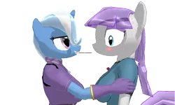 Size: 1280x768 | Tagged: 3d, anthro, artist:zoroark67, derpibooru import, female, lesbian, maud pie, mauxie, nervous, pocky, pocky game, safe, shipping, simple background, sweat, trixie