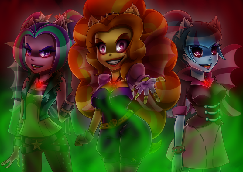 Size: 1280x905 | Tagged: safe, artist:kilanio, derpibooru import, adagio dazzle, aria blaze, sonata dusk, equestria girls, rainbow rocks, evil grin, fin wings, looking at you, ponied up, the dazzlings