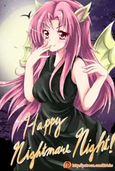 Size: 597x888 | Tagged: 2015, anime, artist:kiriche, bat, clothes, derpibooru import, flutterbat, flutterbat costume, fluttershy, full moon, halloween, happy nightmare night, human, humanized, moon, nightmare night, night sky, patreon, patreon logo, red eyes, safe, solo, stars, theme, vampire