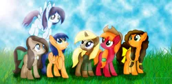 Size: 2910x1424 | Tagged: safe, artist:t-mack56, derpibooru import, big macintosh, cheese sandwich, doctor whooves, flash sentry, soarin', time turner, trenderhoof, pony, base used, flare warden, glide, grilled cheese (r63), macareina, missing cutie mark, rule 63, tail bow, trend setter