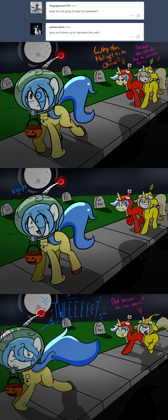 Size: 2000x5000 | Tagged: artist:fullmetalpikmin, ask, clothes, costume, derpibooru import, gravestone, halloween, moon, oc, oc:cherry blossom, oc:mal, oc:viewing pleasure, pikmin, safe, trick or treat, tumblr, tumblr:ask viewing pleasure, unofficial characters only