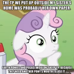 Size: 500x500 | Tagged: safe, derpibooru import, edit, edited screencap, screencap, apple bloom, scootaloo, sweetie belle, pony, unicorn, scare master, caption, carousel boutique, cutie mark crusaders, exploitable meme, female, filly, image macro, meme, nightmare night, prank, solo, sudden clarity sweetie belle, toilet paper, tree, vulgar