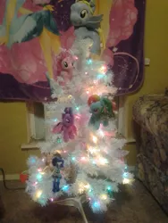 Size: 1536x2048 | Tagged: safe, derpibooru import, derpy hooves, pinkie pie, princess celestia, rainbow dash, twilight sparkle, twilight sparkle (alicorn), vinyl scratch, equestria girls, christmas, christmas tree, derpy star, doll, hilarious in hindsight, toy, tree