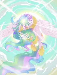 Size: 3900x5100 | Tagged: safe, artist:equestria-prevails, derpibooru import, princess celestia, alicorn, pony, backlighting, crepuscular rays, dark magic, epic, flying, glowing eyes, magic, solo, sun