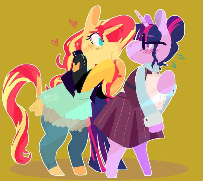 Size: 1000x893 | Tagged: safe, artist:stevetwisp, derpibooru import, sci-twi, sunset shimmer, twilight sparkle, ponified, pony, unicorn, equestria girls, friendship games, bipedal, blushing, clothes, cute, equestria girls ponified, female, glasses, heart, lesbian, scitwishimmer, shipping, sunsetsparkle, unicorn sci-twi