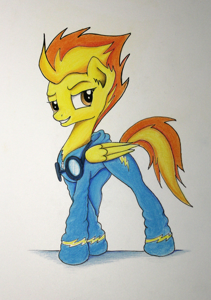 Size: 2212x3141 | Tagged: artist:pajaga, derpibooru import, goggles, grin, safe, simple background, solo, spitfire, traditional art, wonderbolts uniform