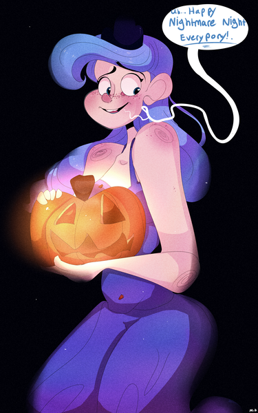 Size: 2000x3200 | Tagged: artist:mili-kat, clothes, derpibooru import, dress, human, humanized, jack-o-lantern, princess luna, safe, simple background, solo