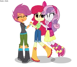 Size: 2381x2071 | Tagged: safe, artist:asika-aida, derpibooru import, apple bloom, scootaloo, sweetie belle, equestria girls, boots, cute, cutie mark crusaders, happy, shoes